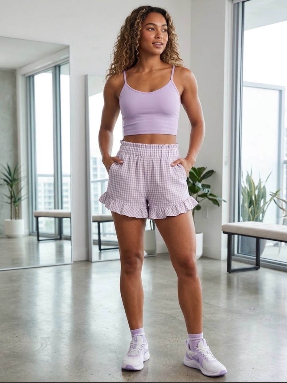Hollister Lilac Gingham Ruffle High-Waist Shorts